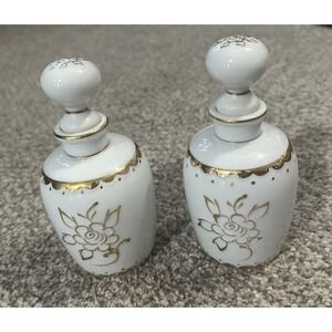 PAIR Vintage Matson Hand Painted Porcelain Perfume Dresser Bottles Gold Rose